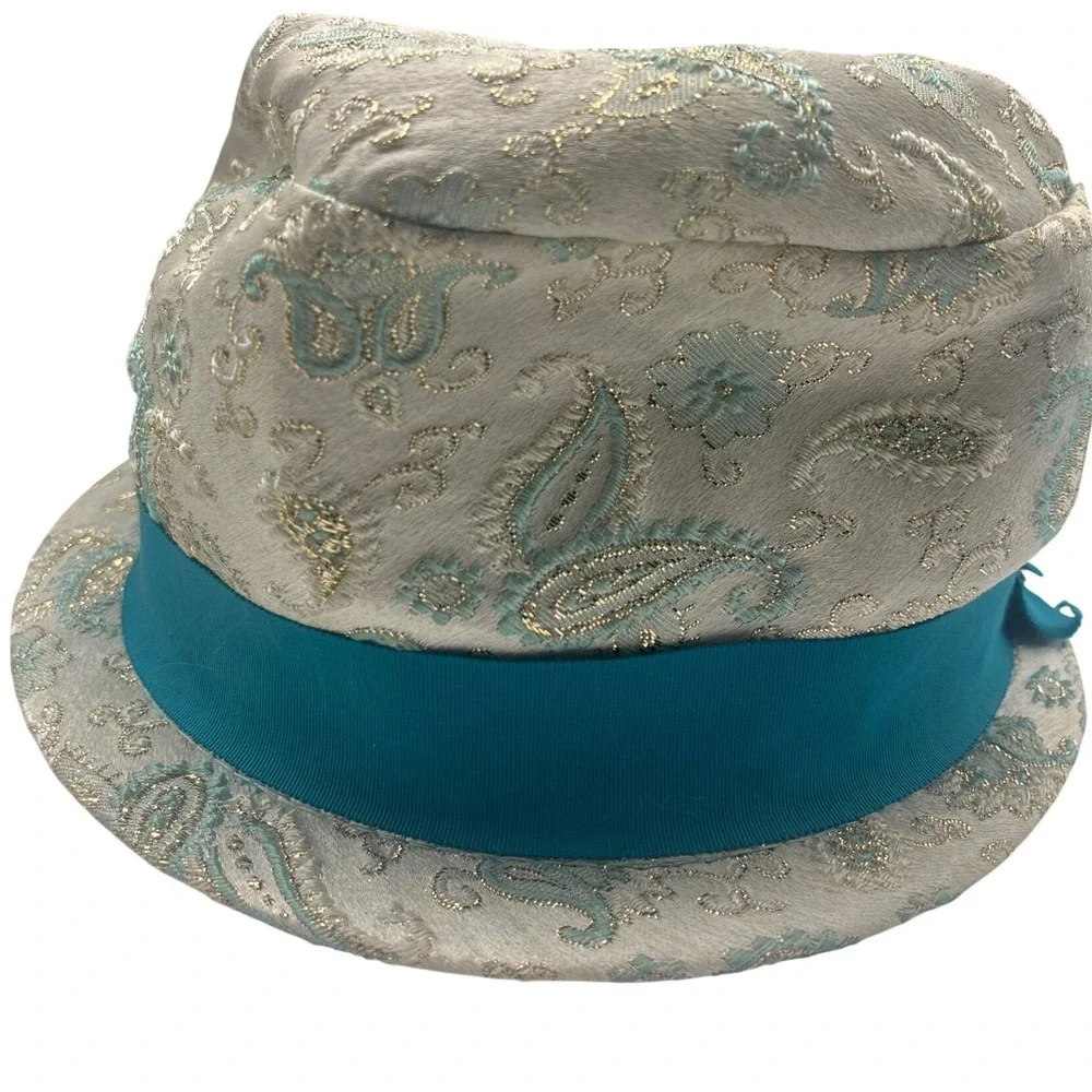 Vintage Cloche Bucket Hat Cream Teal Paisley‎ 40's pasadena USA